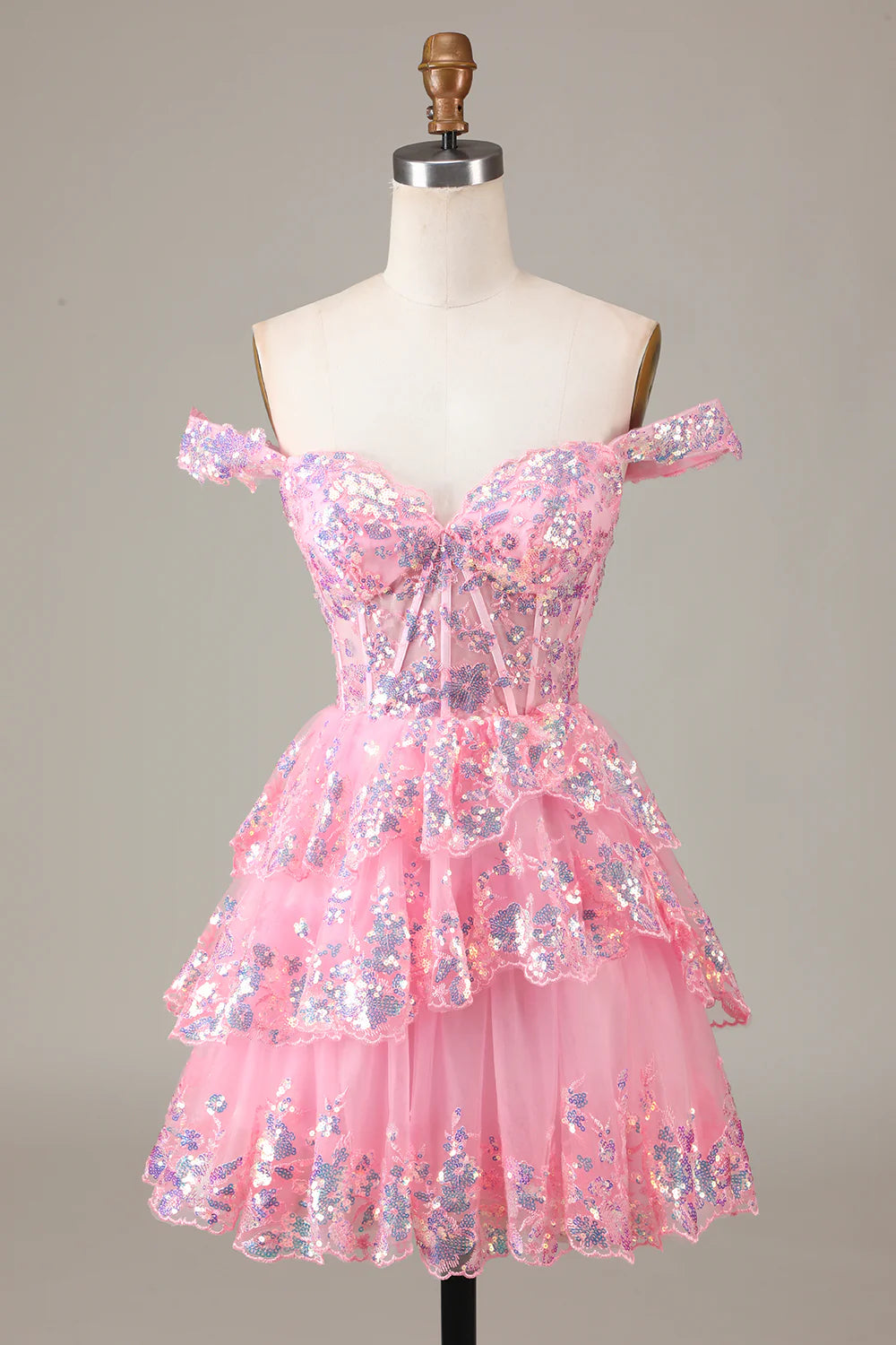 A-Line Sparkly Corset Tiered Lace Short Homecoming Dress