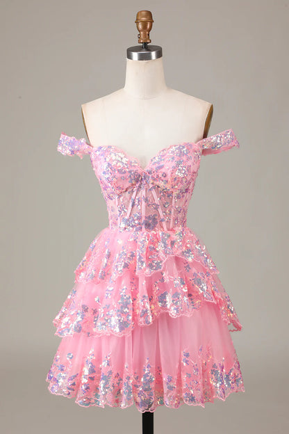 A-Line Sparkly Corset Tiered Lace Short Homecoming Dress