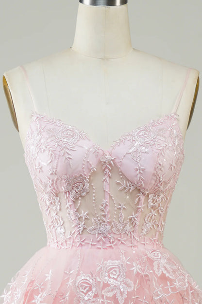A Line Spaghetti Straps Sparkly Corset Homecoming Dress