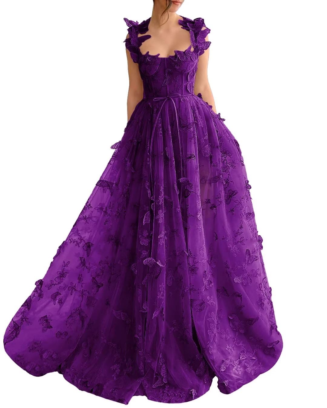 Long Tulle Prom Dress with 3D Butterflies Dress Ball Gown Evening Party Wedding Guest Formal Dress Slit