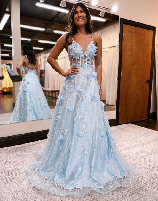 A-Linien-Ballkleid mit Spaghettiträgern und 3D-Blumen