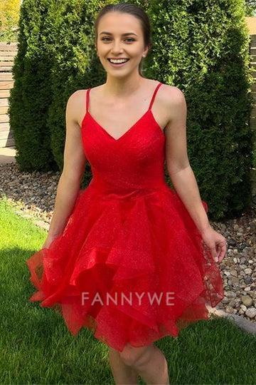 FannyWe Simple Princess Red A-line Ruffles Short Homecoming Dress formal wear dresses