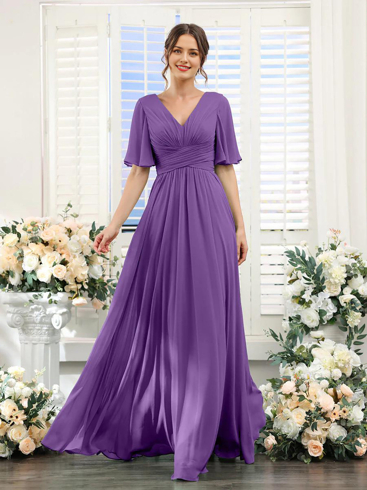 A-Linie V-Ausschnitt Ärmel Brautjungfernkleid für Hochzeitsgäste Lange Chiffon Partykleider mit Schlitz