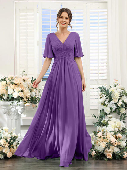 A-Linie V-Ausschnitt Ärmel Brautjungfernkleid für Hochzeitsgäste Lange Chiffon Partykleider mit Schlitz
