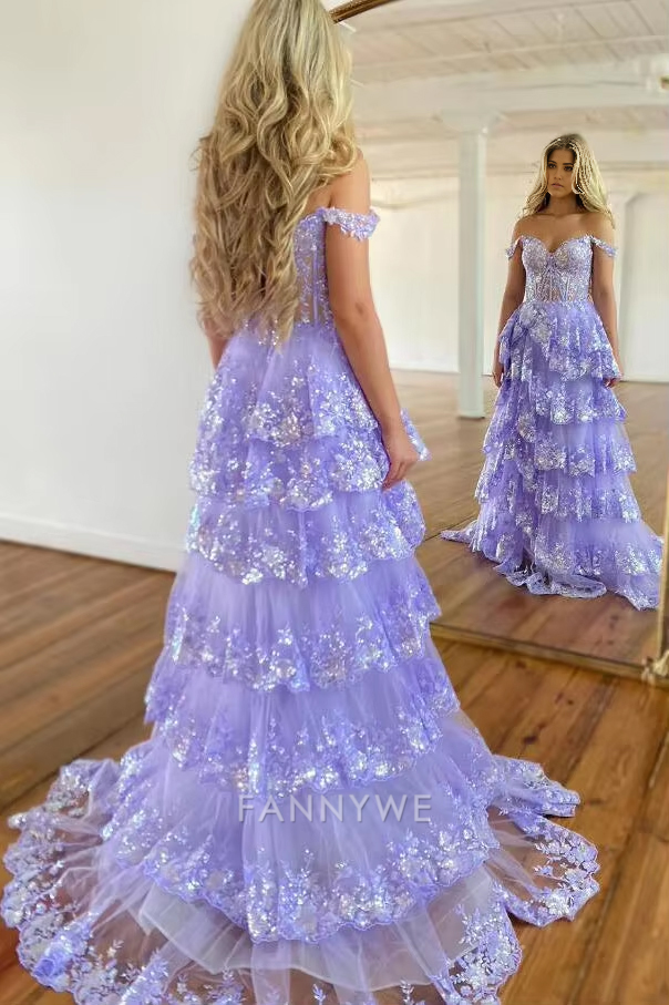 A Line Long Off the Shoulder Sweetheart Sleeveless Tiered Ruffles Tulle formal dresses Bridesmaid Dresses evening gown Prom Dress With Split
