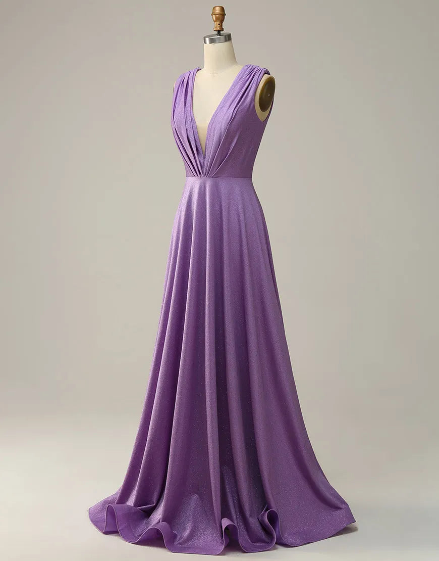 Vestido de fiesta largo con escote en V, corte A y purpurina, con pliegues