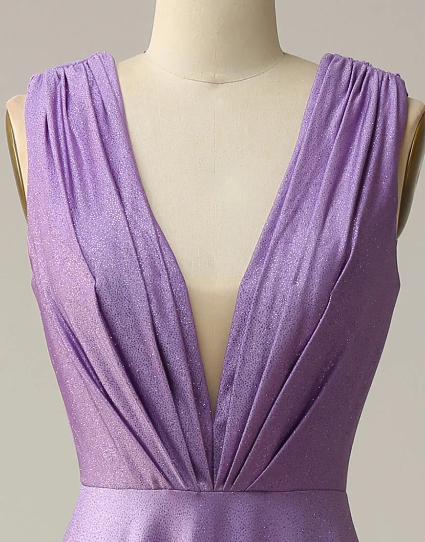 Vestido de fiesta largo con escote en V, corte A y purpurina, con pliegues
