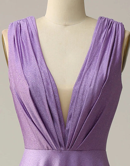 A-Linie, V-Ausschnitt, langes Glitzer-Ballkleid mit Plissee