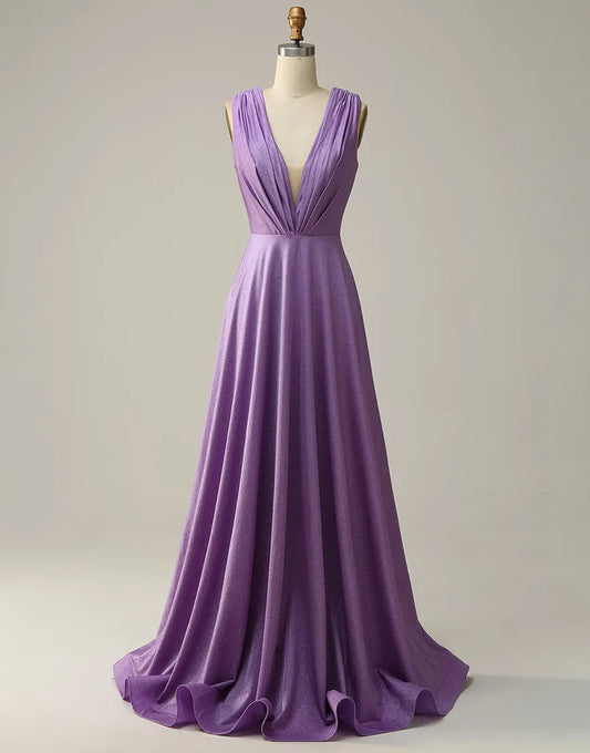 A-Linie, V-Ausschnitt, langes Glitzer-Ballkleid mit Plissee