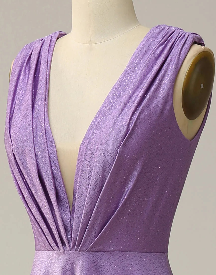 A-Linie, V-Ausschnitt, langes Glitzer-Ballkleid mit Plissee