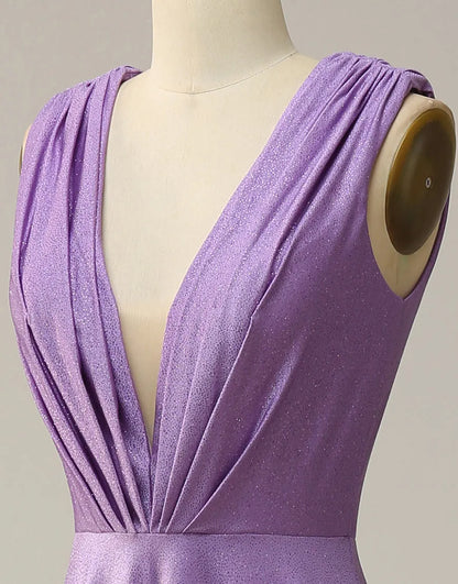 A-Linie, V-Ausschnitt, langes Glitzer-Ballkleid mit Plissee