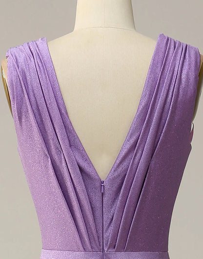 A-Linie, V-Ausschnitt, langes Glitzer-Ballkleid mit Plissee