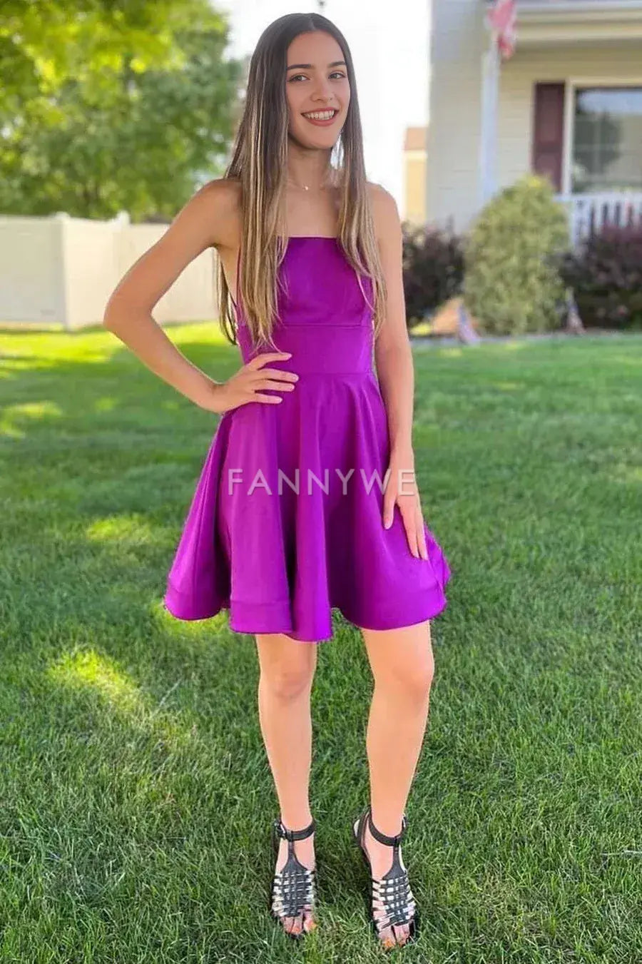 FannyWe Simple Purple Lace-Up A-Line Homecoming Dress formal wear dresses
