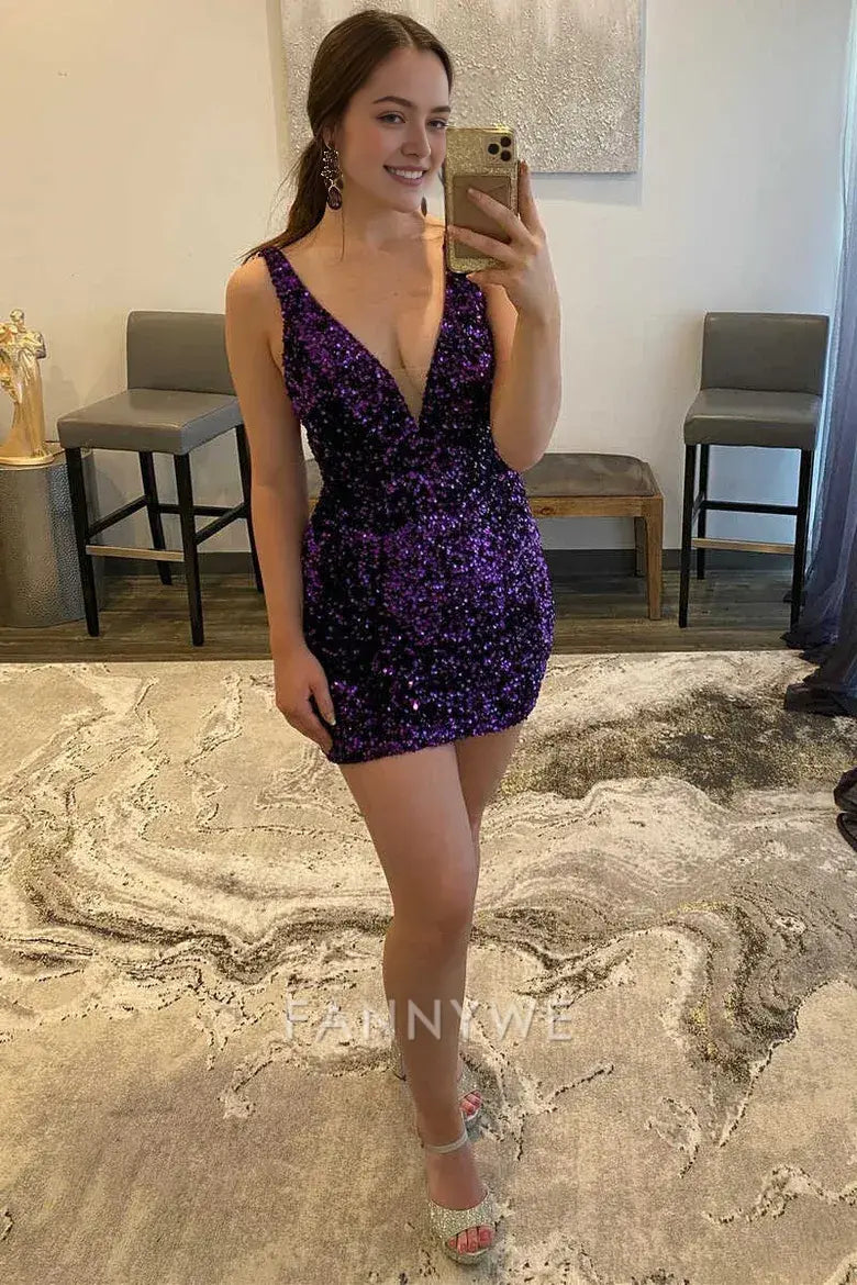 FannyWe Simple Purple Sequins Plunge Mini Homecoming Dress formal wear dresses