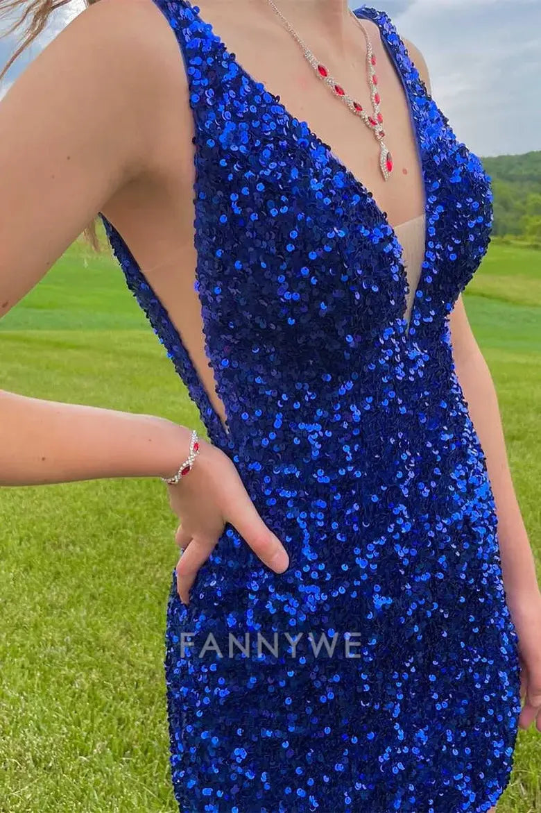 FannyWe Simple Blue Sequins Plunge Mini Homecoming Dress formal wear dresses