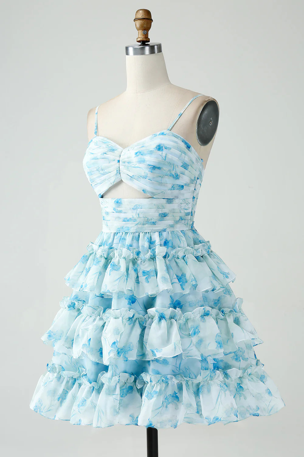 A-Line Spaghetti Straps Tiered Floral Short Homecoming Dress