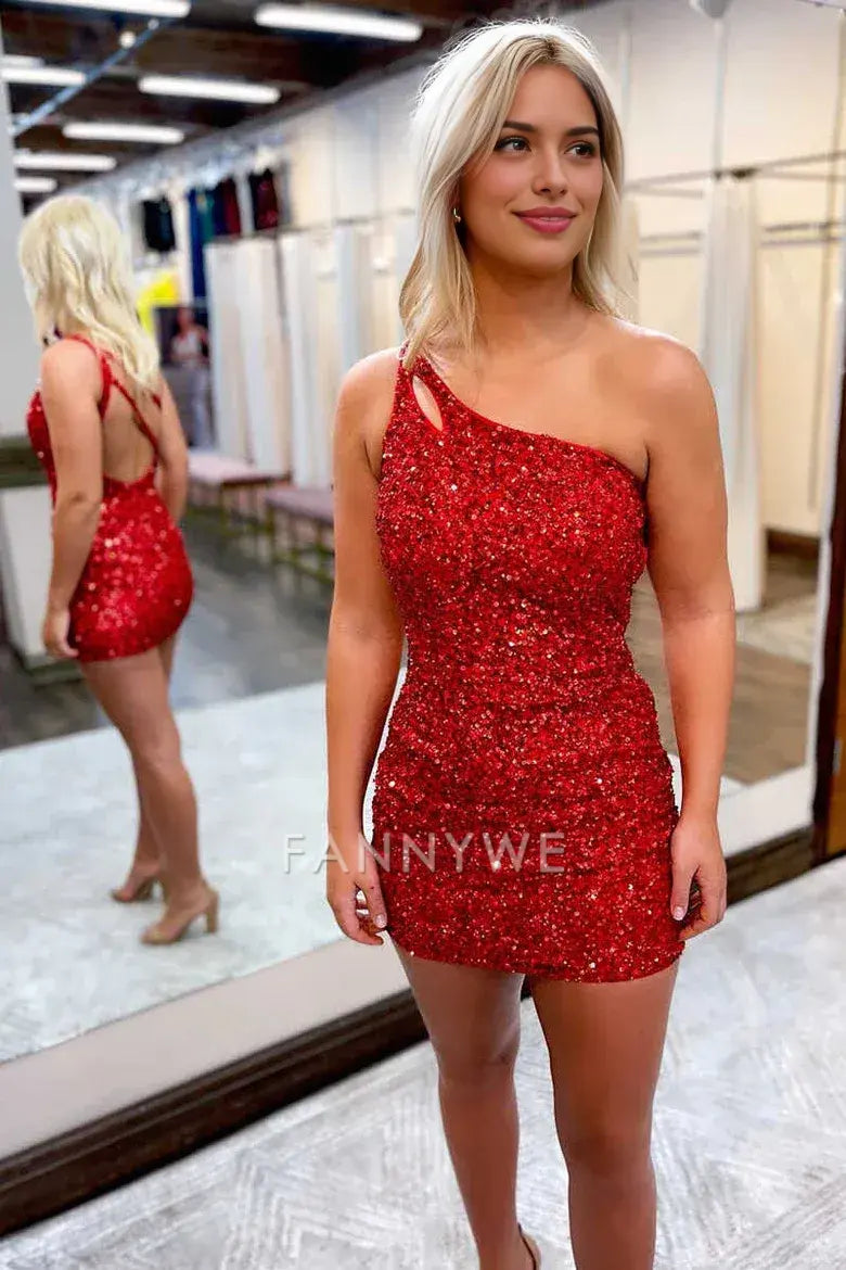 FannyWe Simple One Shoulder Sequins Bodycon Mini Dress with Keyhole formal wear dresses