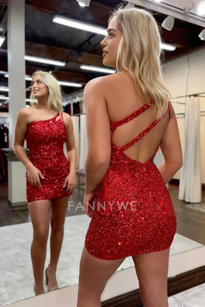 FannyWe Simple One Shoulder Sequins Bodycon Mini Dress with Keyhole formal wear dresses