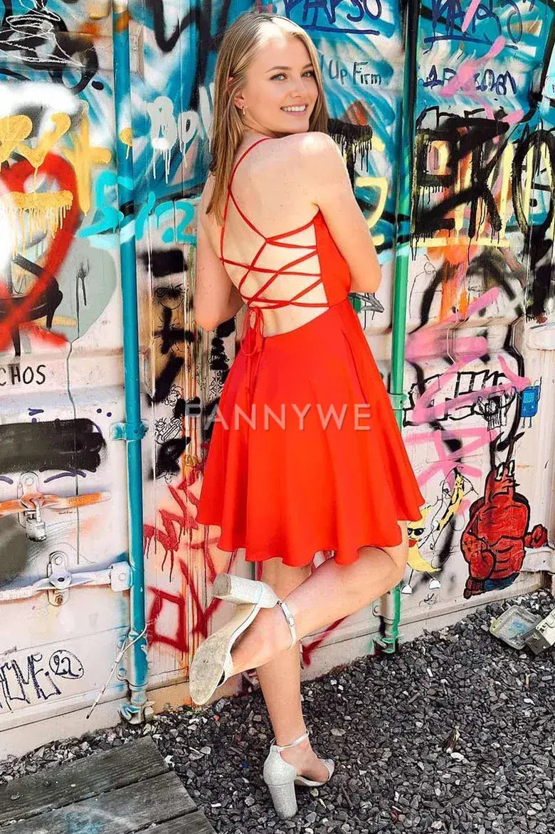 FannyWe Simple Red Cowl Neck Lace-Up A-Line Homecoming Dress formal wear dresses