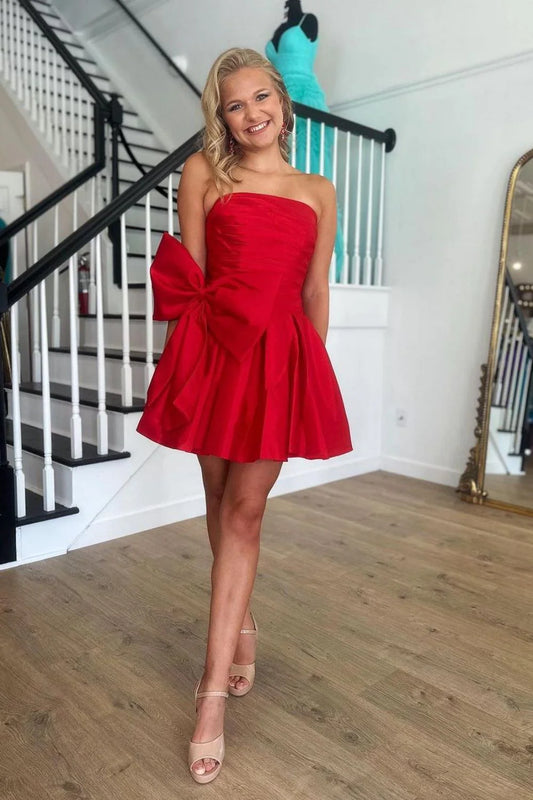 Vestido de fiesta rojo de satén corto sin tirantes, corte A, con lazo