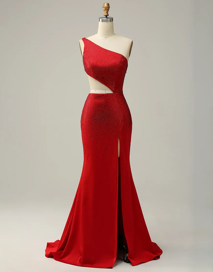 Vestido de fiesta largo de sirena con un hombro al descubierto y purpurina con abertura