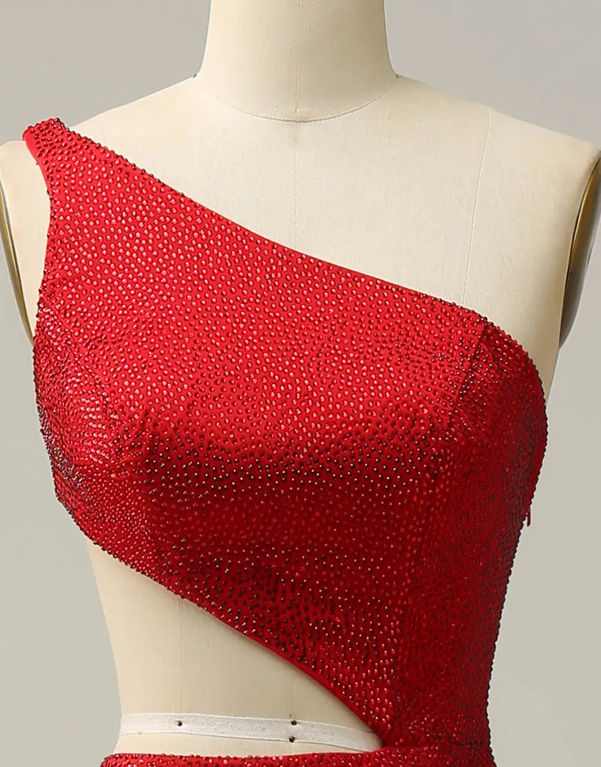 Vestido de fiesta largo de sirena con un hombro al descubierto y purpurina con abertura