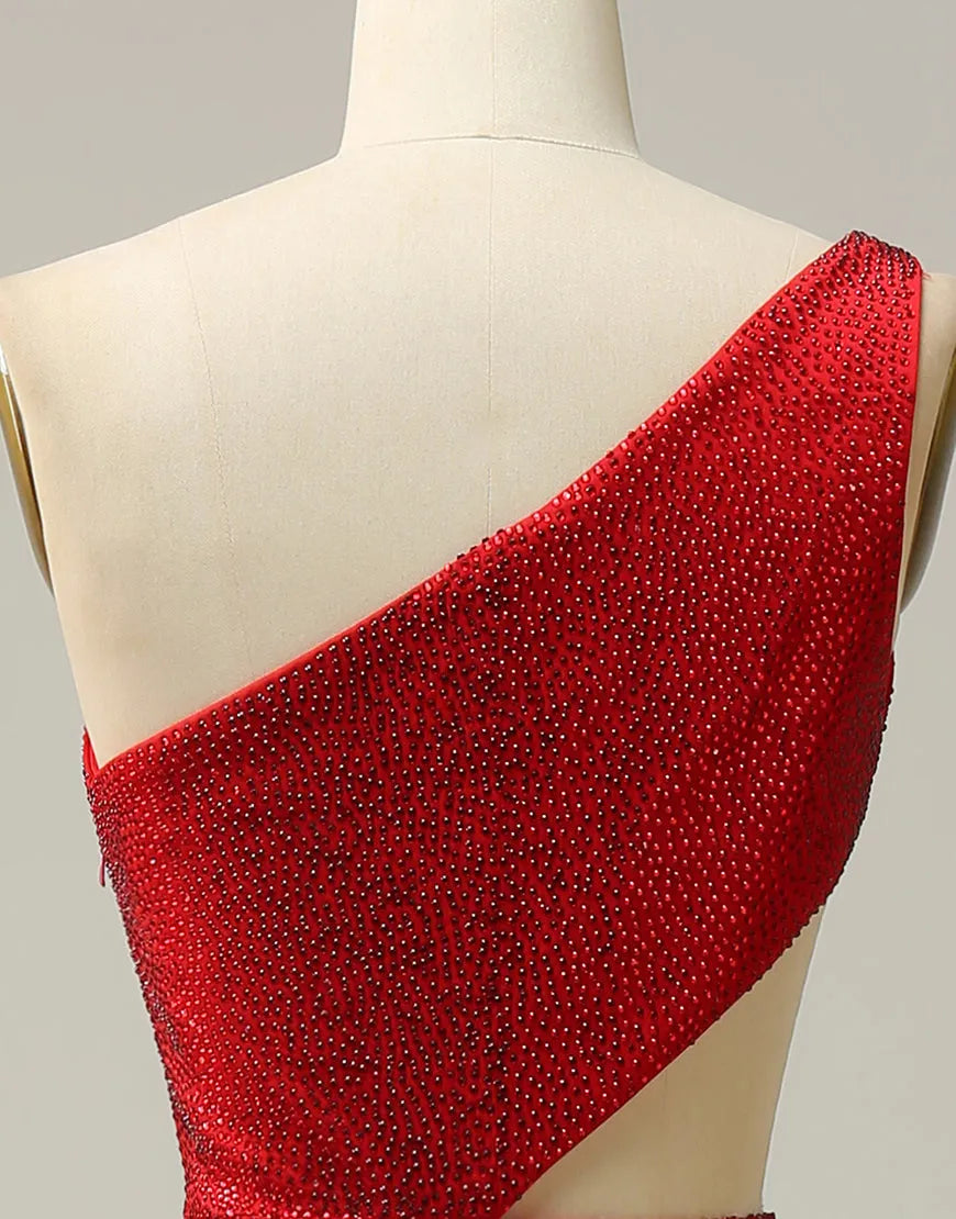 Vestido de fiesta largo de sirena con un hombro al descubierto y purpurina con abertura