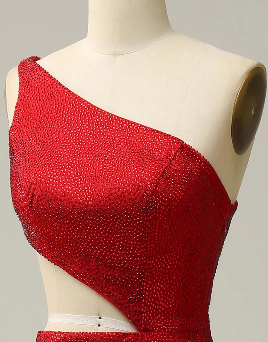 Vestido de fiesta largo de sirena con un hombro al descubierto y purpurina con abertura