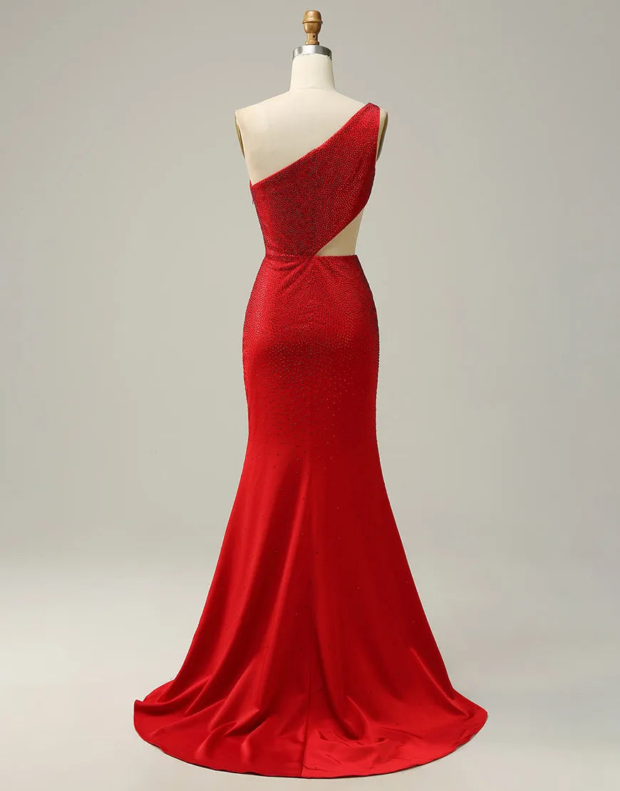 Vestido de fiesta largo de sirena con un hombro al descubierto y purpurina con abertura