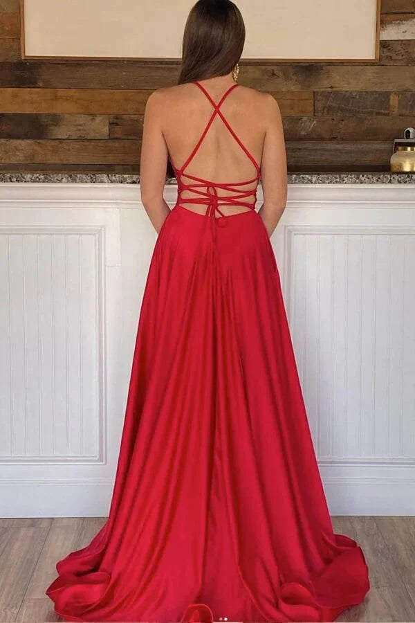 A-line V-neck Satin Long Prom Dresses With Slit