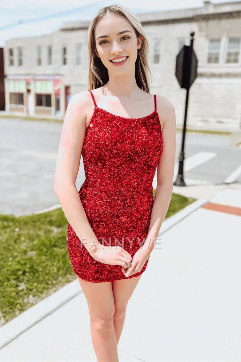 FannyWe Simple Red Sequin Cutout Back Short Homecoming Dress formal wear dresses
