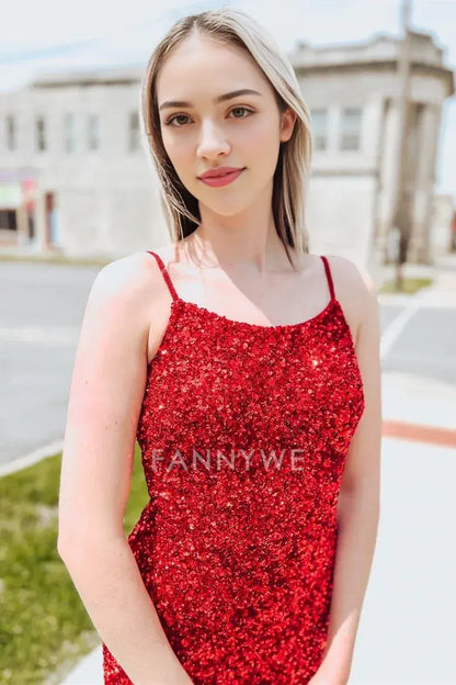 FannyWe Simple Red Sequin Cutout Back Short Homecoming Dress formal wear dresses