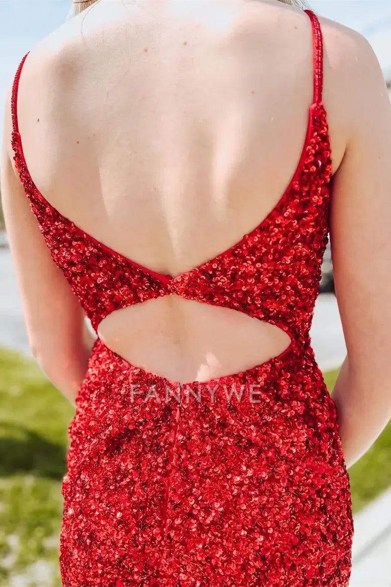 FannyWe Simple Red Sequin Cutout Back Short Homecoming Dress formal wear dresses