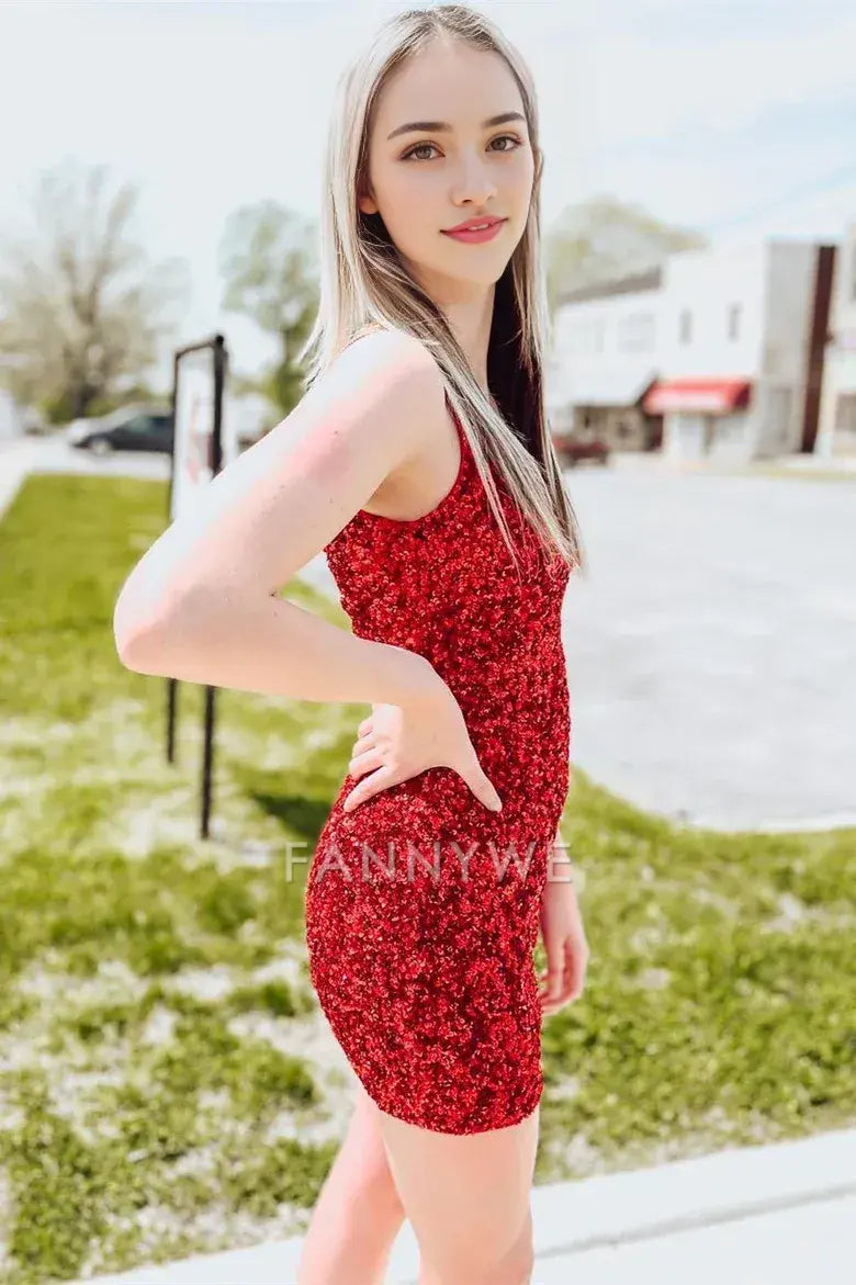 FannyWe Simple Red Sequin Cutout Back Short Homecoming Dress formal wear dresses