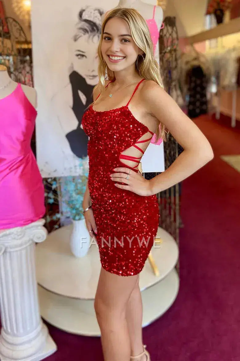 FannyWe Simple Red Sequin Lace-Up Bodycon Short Party Dress formal wear dresses