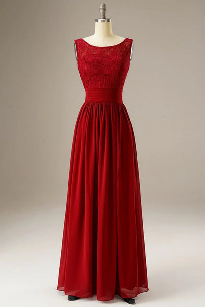 A Line Lace Top Chiffon Long Dress