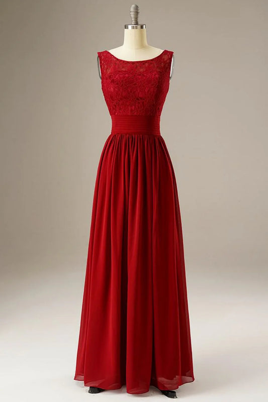 A Line Lace Top Chiffon Long Dress