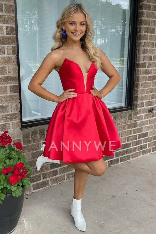 FannyWe Simple Red Strapless A-Line Short Homecoming Dress formal wear dresses