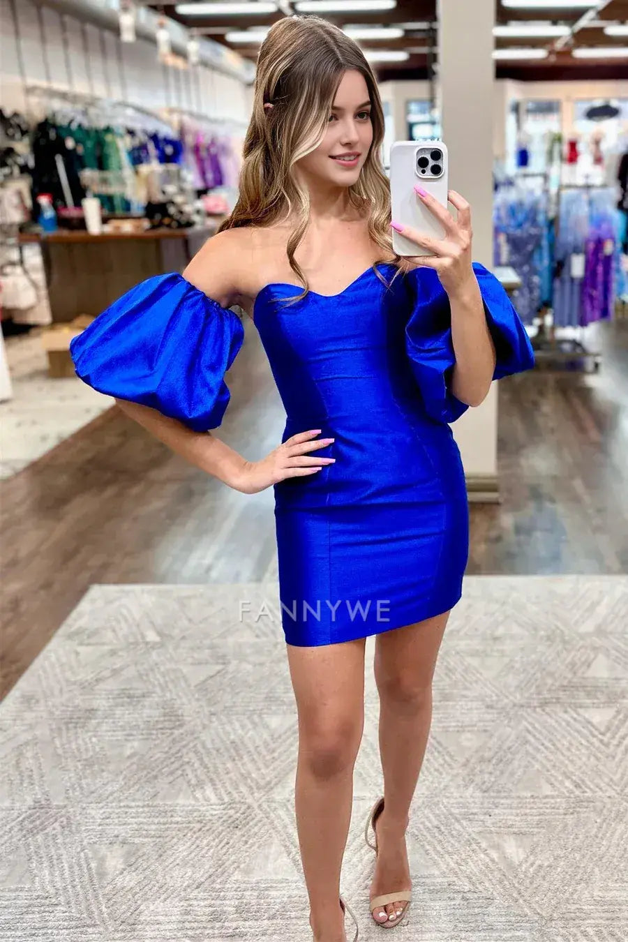 FannyWe Simple Blue Strapless Bodycon Cocktail Dress with Puff Sleeves formal wear dresses