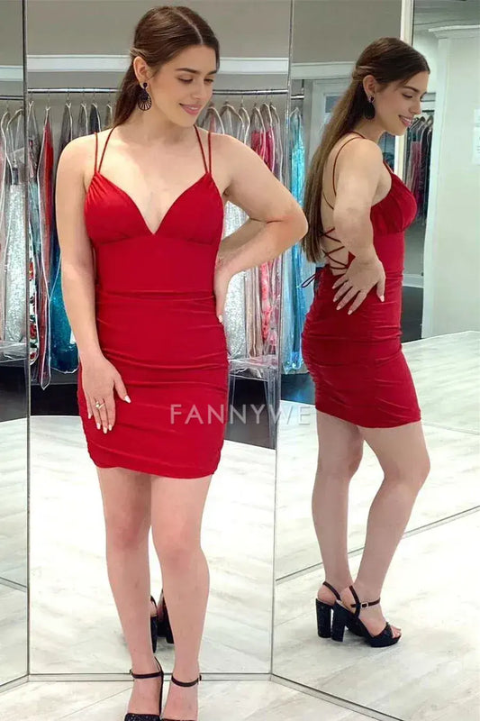 FannyWe Simple Red V-Neck Lace-Up Tight Mini Homecoming Dress formal wear dresses