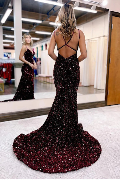 Sparkly Mermaid Sequins Long Backless Prom Dress