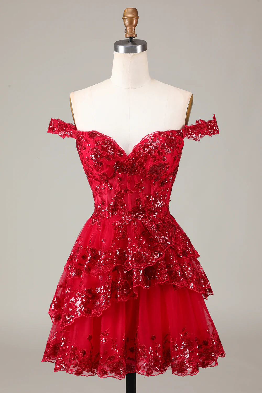 A-Line Sparkly Corset Tiered Lace Short Homecoming Dress