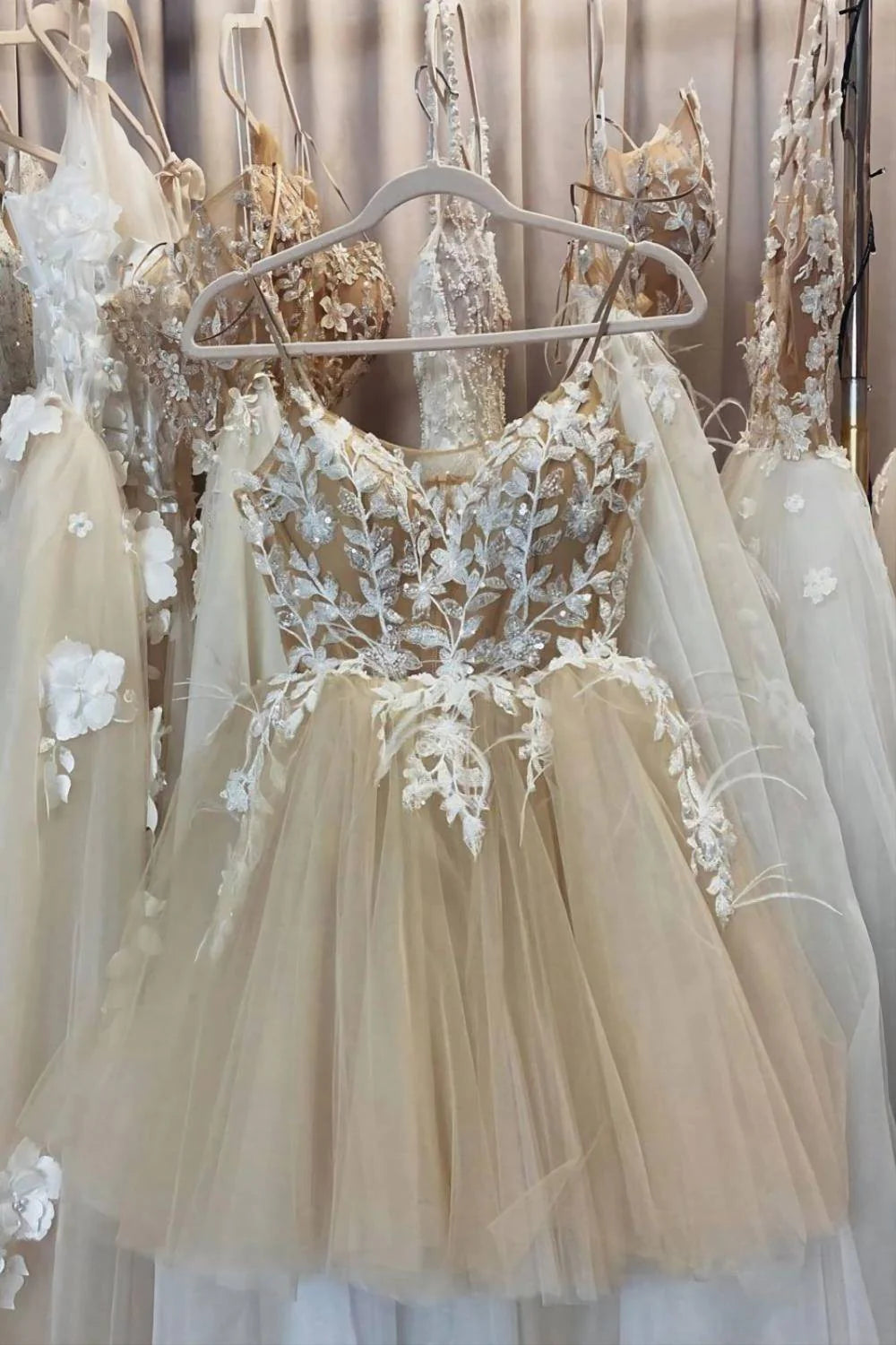 Romantisches, champagnerfarbenes, kurzes Homecoming-Kleid mit Applikation