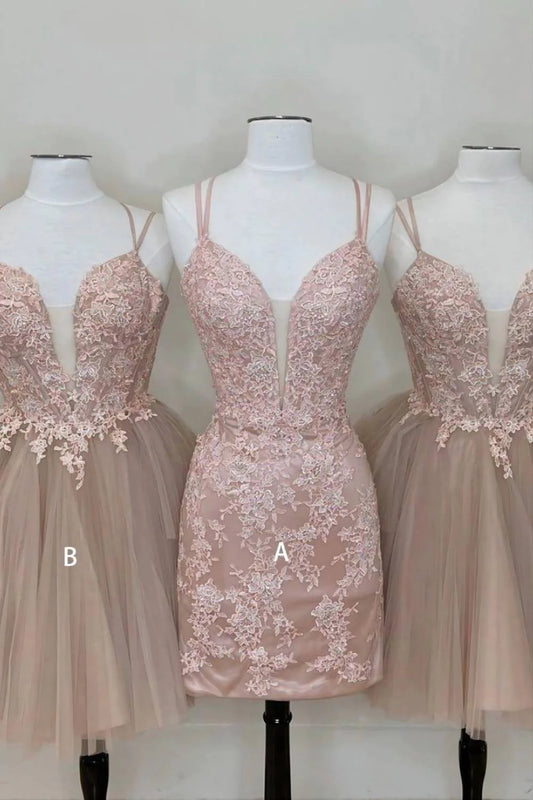 Vestido romántico de fiesta con escote en V profundo en rosa empolvado