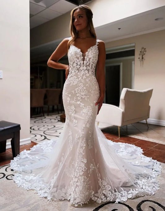 Vestido de novia romántico de cola de sirena con apliques 