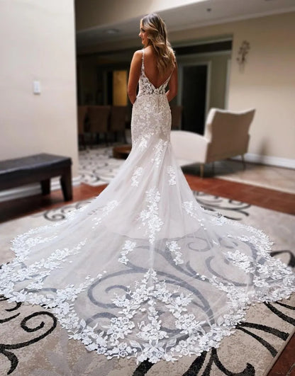 Vestido de novia romántico de cola de sirena con apliques 