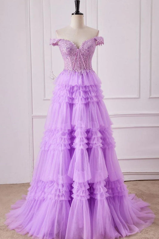 A-Line Off The Shoulder Top Long Tulle Prom Dress