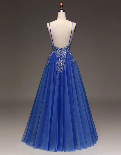 A-Linie Spaghettiträger Langes Glitzer Tüll Ballkleid