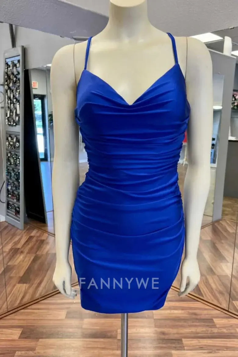 FannyWe Elegant Royal Blue V-Neck Ruched Fitted Short Homecoming Dress formal wear dresses
