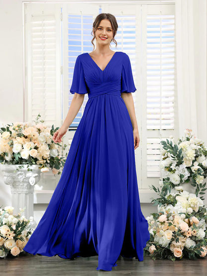 A-Linie V-Ausschnitt Ärmel Langes Chiffon Formelle Partykleider für Hochzeitsgäste Brautjungfernkleid